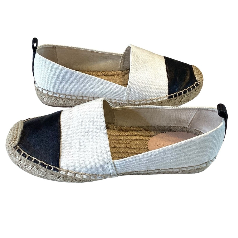 J Crew Shoes Women‎ Sz 8  Cream Black Flats Espadrilles Slip On Beach Preppy - Picture 2 of 8